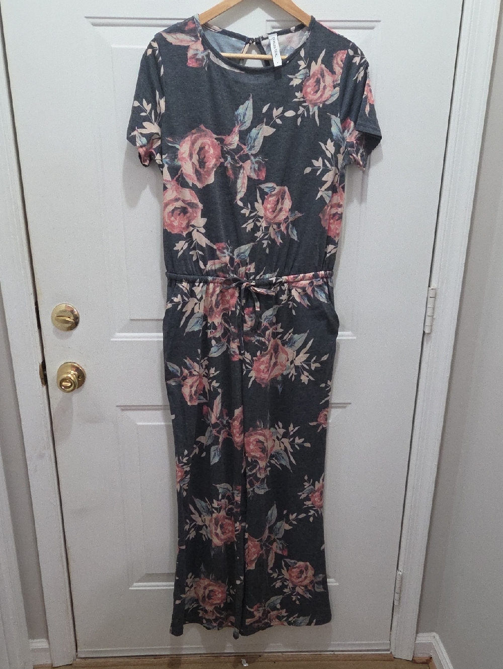 Tickled Teal Gray Floral Romper with Blush and Blue Accents L